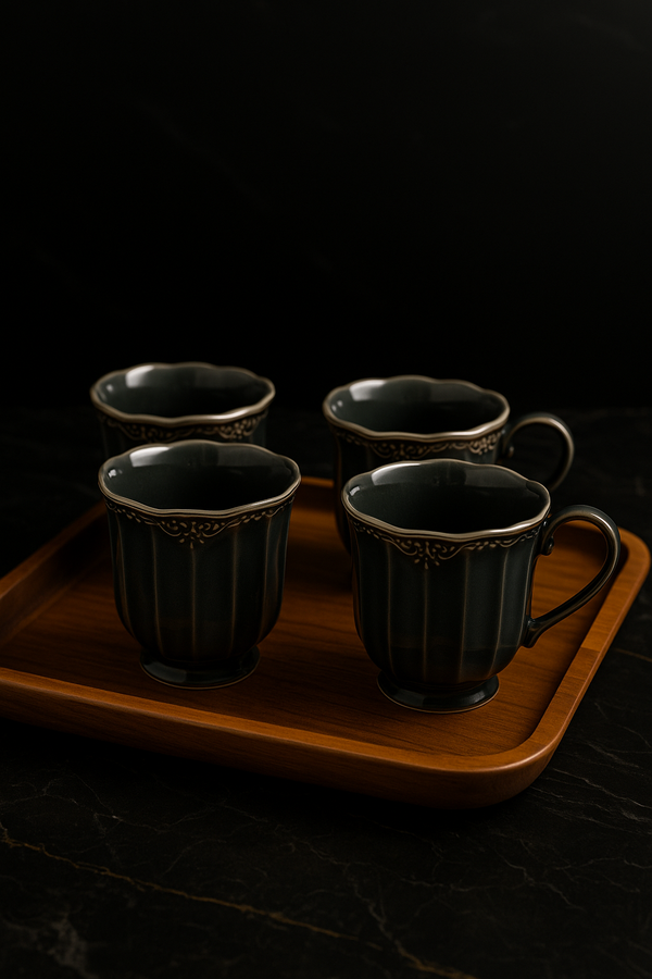 Midnight Elegance Mug & Tray Set – 4-Piece Premium Collection