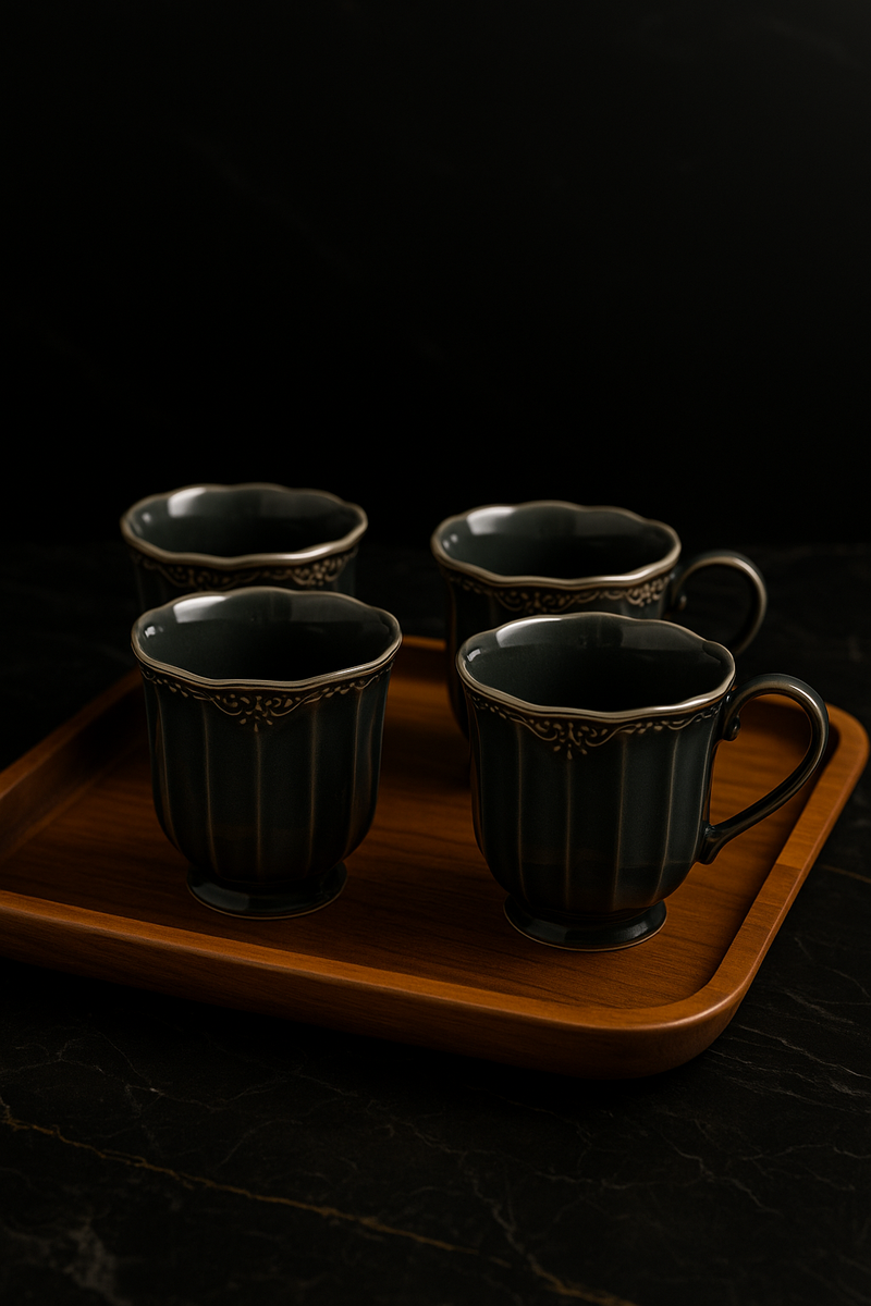 Midnight Elegance Mug & Tray Set – 4-Piece Premium Collection