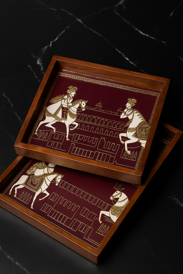 Royal Heritage Wooden Serving Trays – Burgundy Edition (Set of 2)