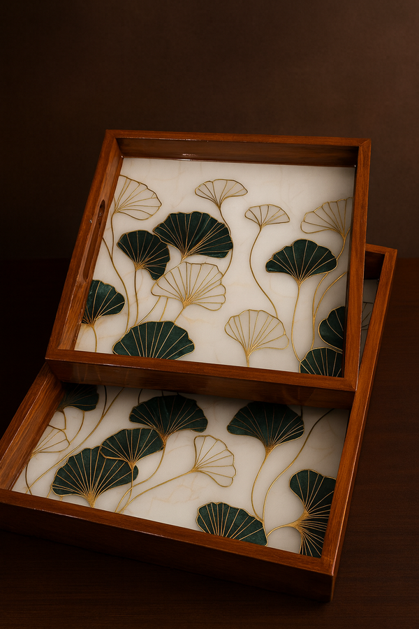 Ginkgo Elegance Wooden Serving Trays – Botanical Luxe Edition (Set of 2)