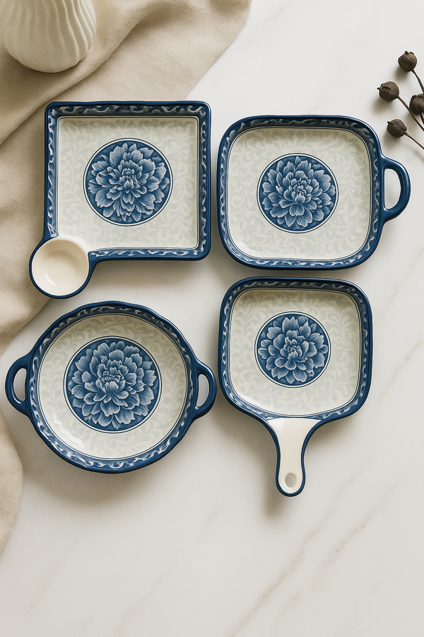 Elegant Blue Blossom Serving Plates – Set of 4