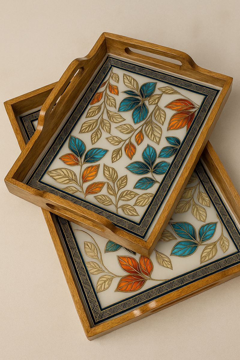 “Artisan Leaf Luxe Tray Set – Handcrafted Resin & Wood Elegance”