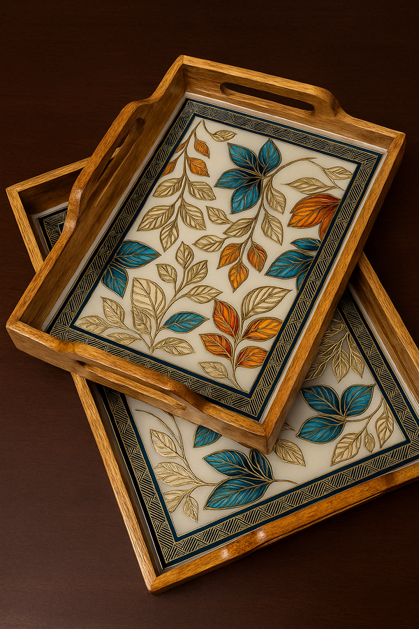 “Artisan Leaf Luxe Tray Set – Handcrafted Resin & Wood Elegance”