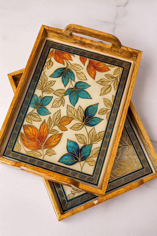 “Artisan Leaf Luxe Tray Set – Handcrafted Resin & Wood Elegance”