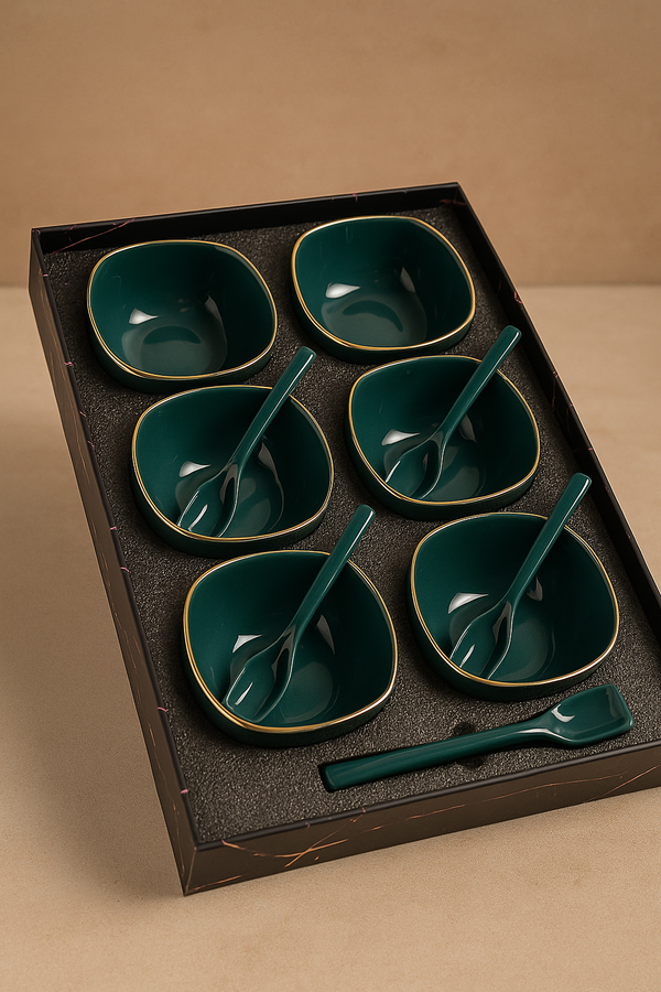 Teal Luxe Serveware Set – 6 Bowls with Spoons