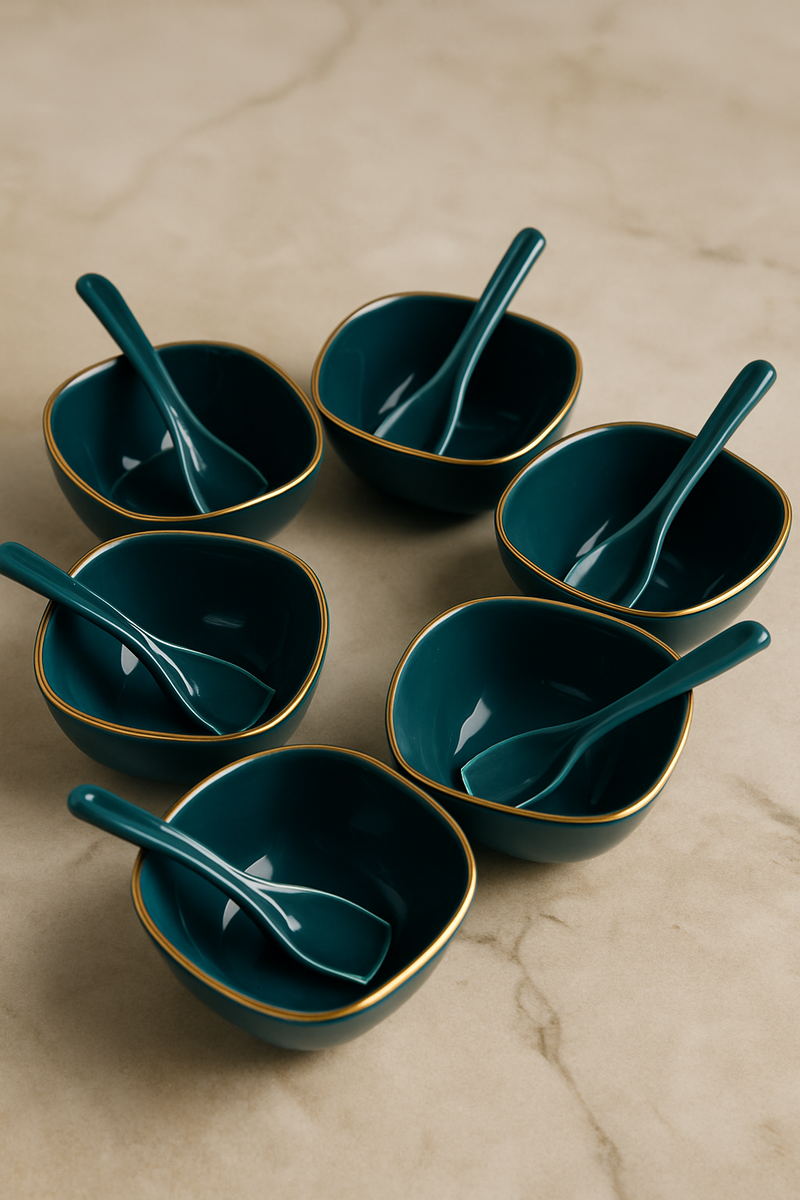 Teal Luxe Serveware Set – 6 Bowls with Spoons