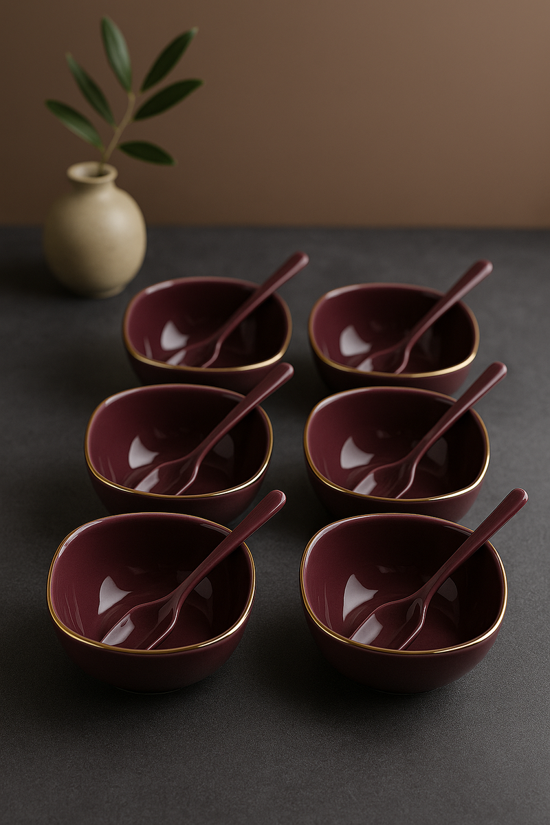 Plum Elegance Serveware Set – 6 Bowls with Spoons