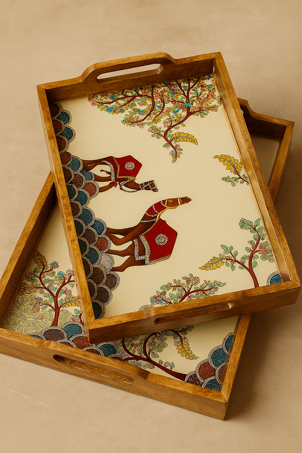 "Royal Camel Art Wooden Tray Set – 2 Pcs"