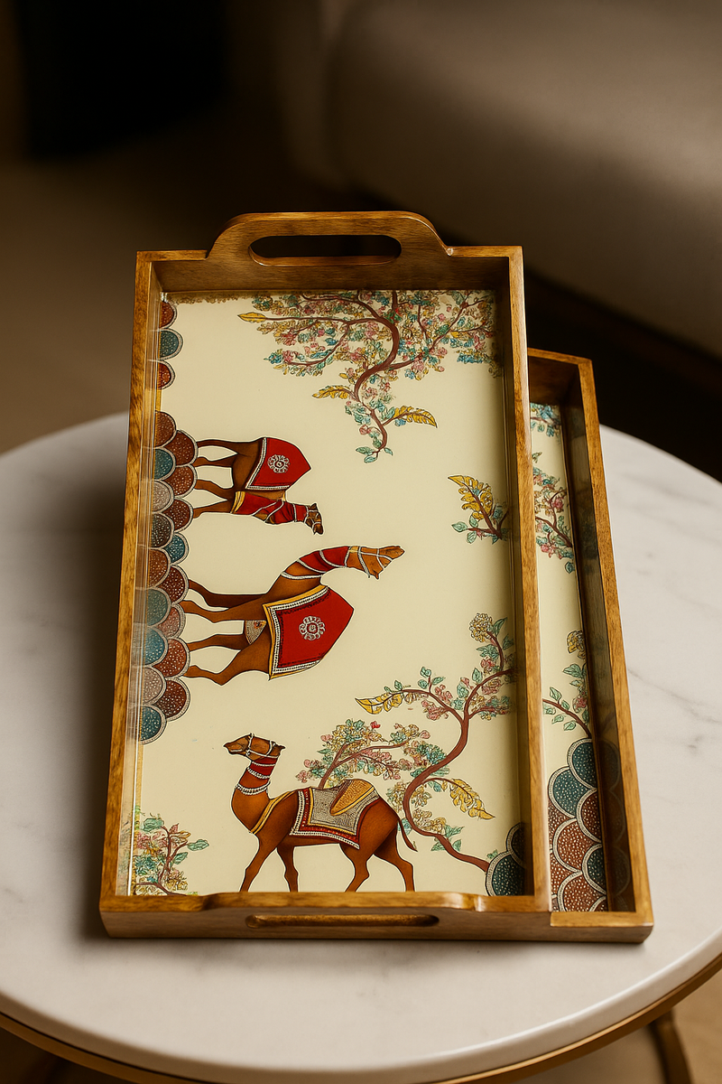 "Royal Camel Art Wooden Tray Set – 2 Pcs"