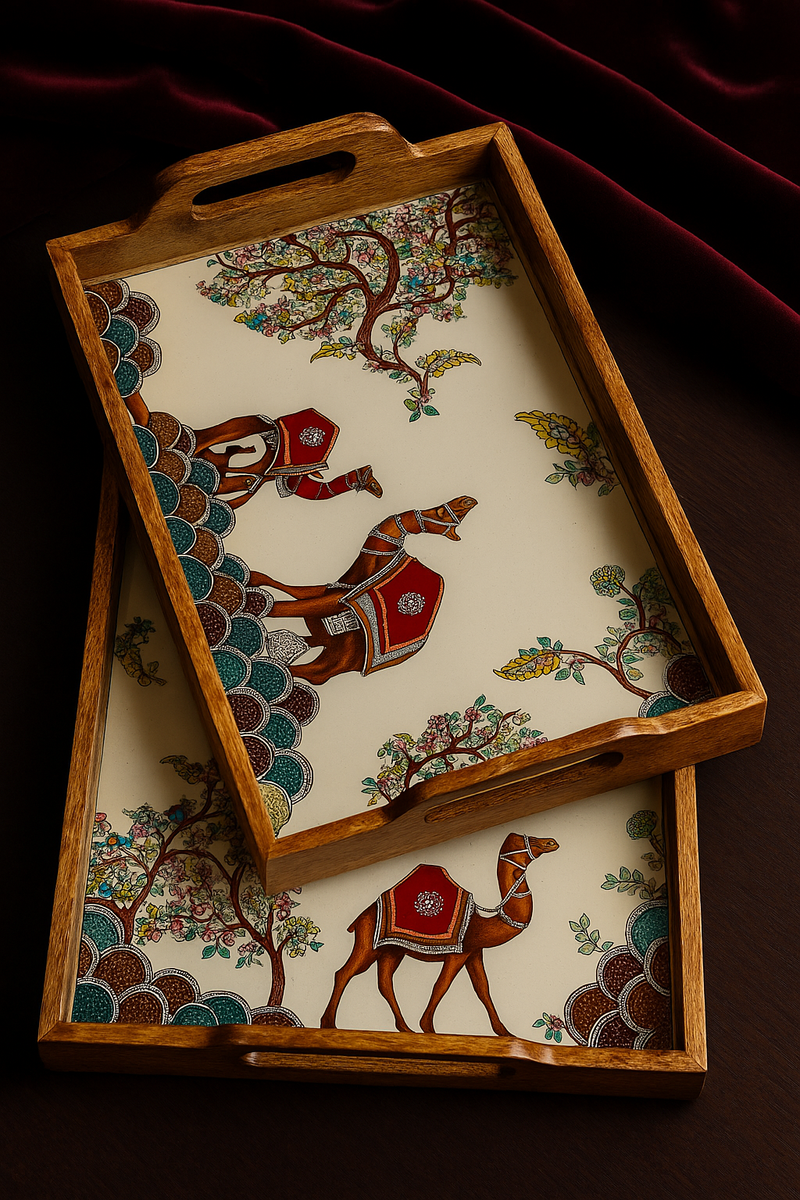 "Royal Camel Art Wooden Tray Set – 2 Pcs"