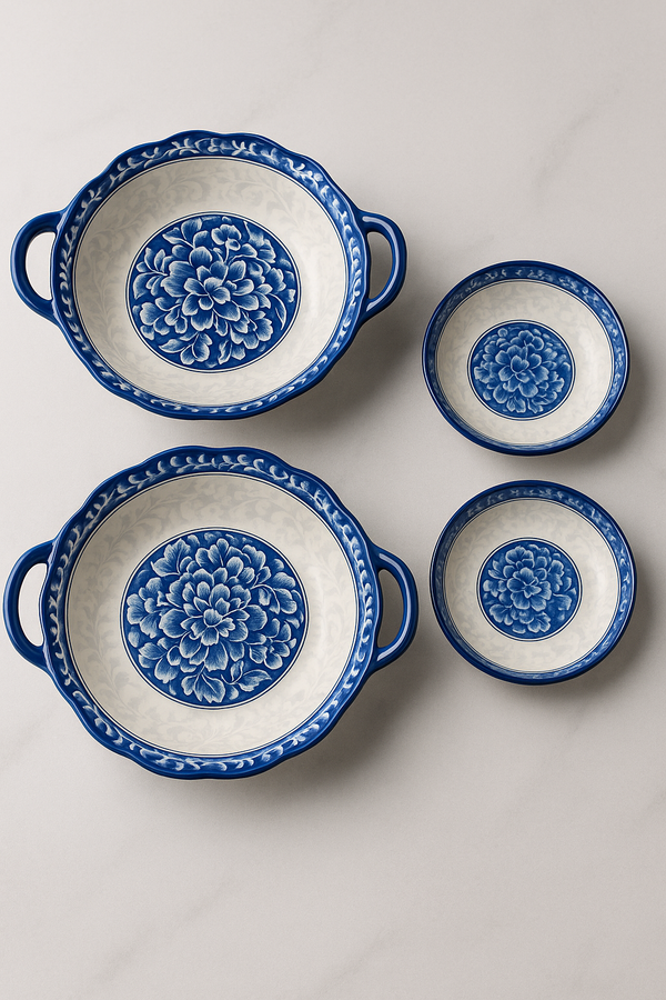 ✨ Royale Elegance Blue Floral Plate Set – 4 Pieces