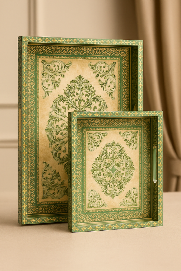 Regal Green &amp; Gold Decorative Tray Set (Set of 2)