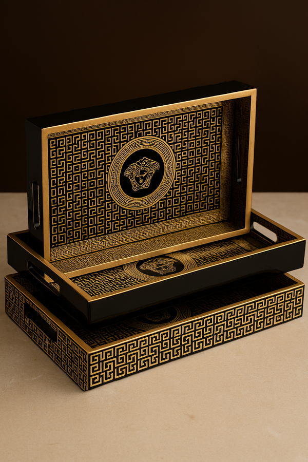 Versace-Inspired Premium Black & Gold Tray Set (Set of 3)