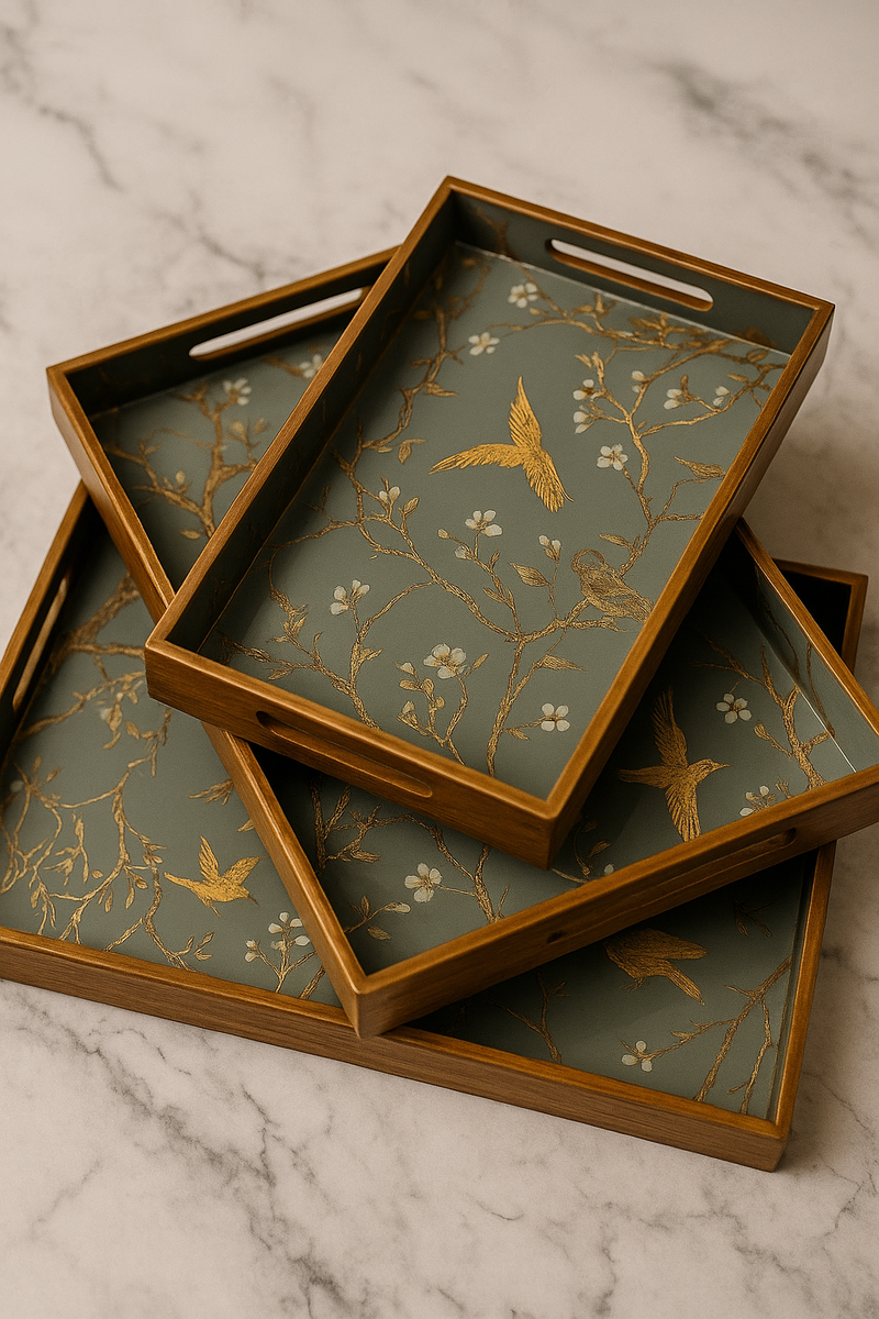 Golden Aviary – 3-Piece Designer Wooden Tray Set