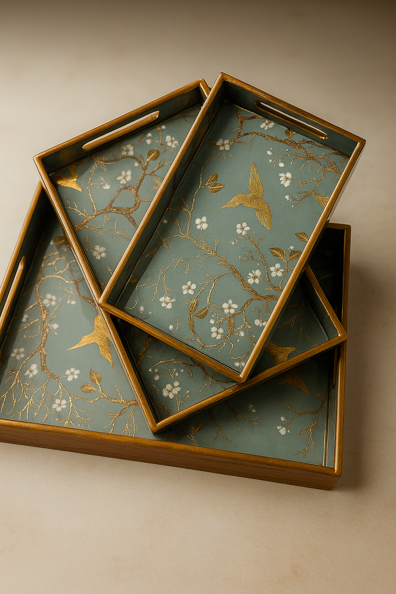 Golden Aviary – 3-Piece Designer Wooden Tray Set