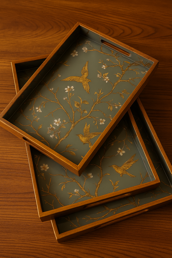Golden Aviary – 3-Piece Designer Wooden Tray Set
