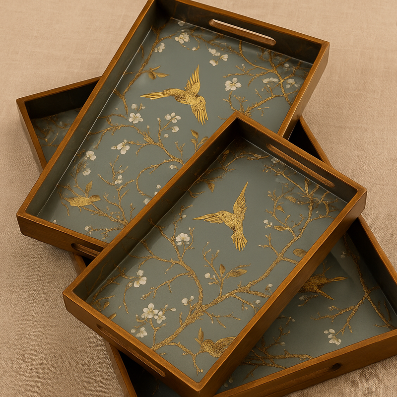 Golden Aviary – 3-Piece Designer Wooden Tray Set