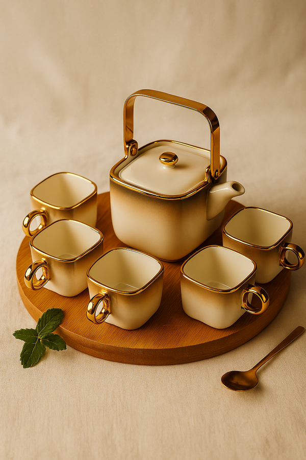 Regalia Luxe Gold-Edged Ceramic Tea Set – 6 Cups + Teapot