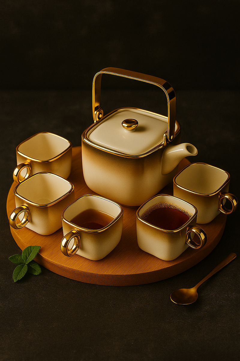 Regalia Luxe Gold-Edged Ceramic Tea Set – 6 Cups + Teapot