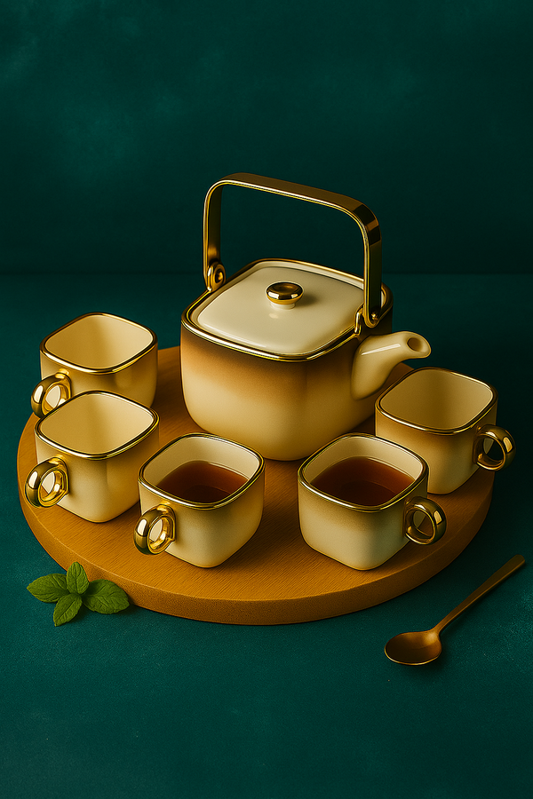 Regalia Luxe Gold-Edged Ceramic Tea Set – 6 Cups + Teapot