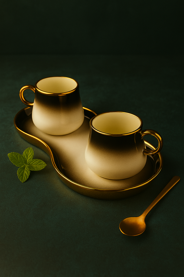 Ebon Ivory Ombre Ceramic Cup Set with Matching Tray – 2 Pcs