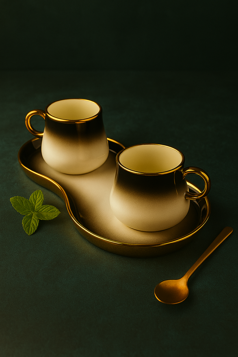 Ebon Ivory Ombre Ceramic Cup Set with Matching Tray – 2 Pcs
