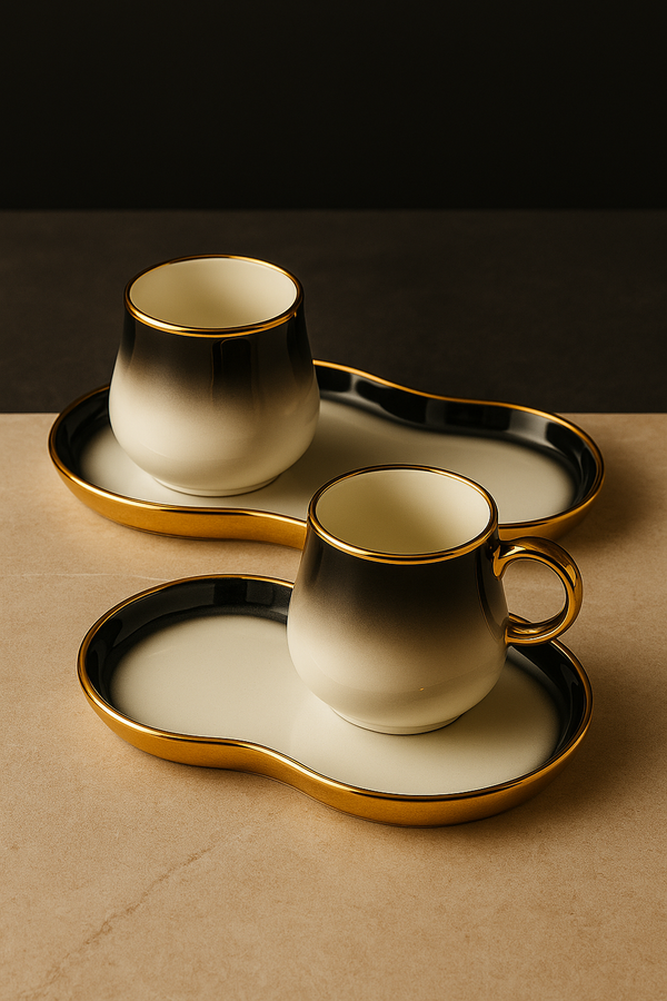 Ebon Ivory Ombre Ceramic Cup Set with Matching Tray – 2 Pcs