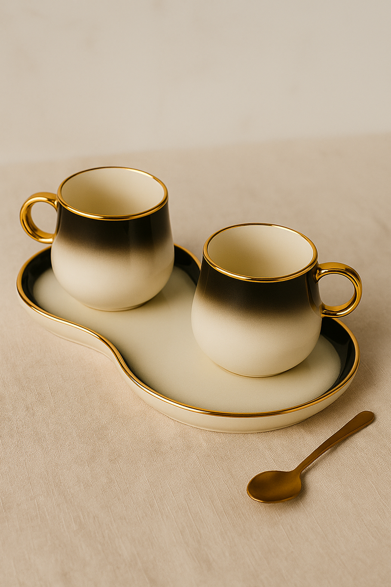 Ebon Ivory Ombre Ceramic Cup Set with Matching Tray – 2 Pcs