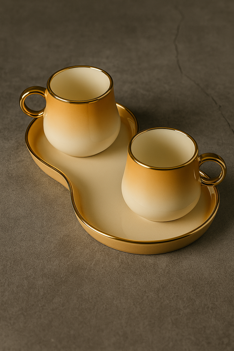 Golden Dusk Ceramic Duo with Tray – 2 Cups