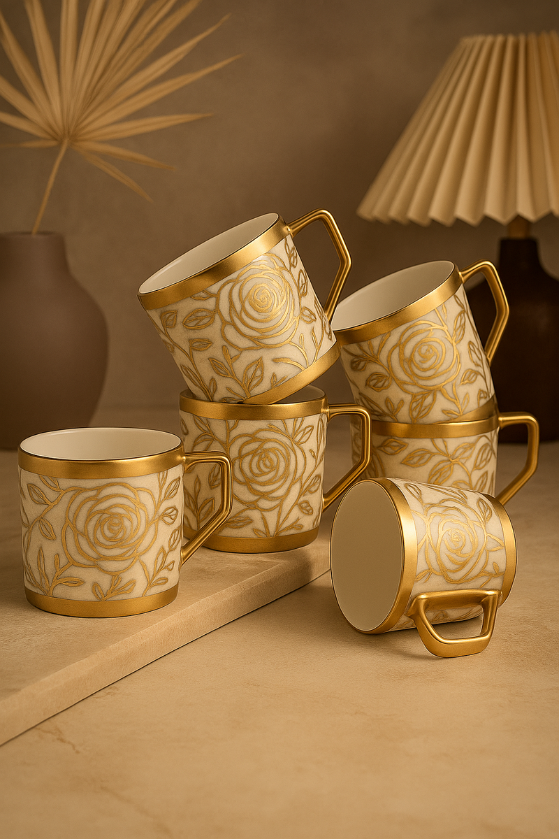 Eternal Bloom Royale Mug Set — 6 Pc Gilded Floral Edition